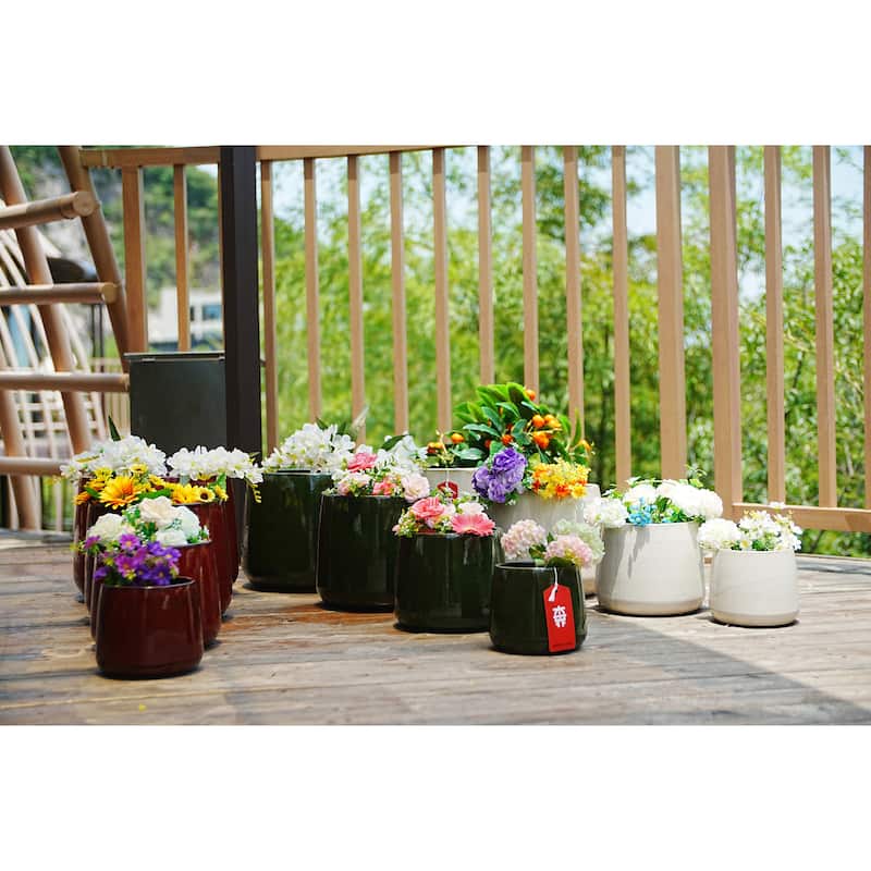 Flowerpot Ceramic Planter American White Oak 13.8in Sleek Striped Frost Resistant Customizable, 4pc - Ameican White Oak