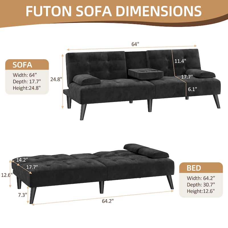3-in-1 Convertible Sofa Bed with Folding Cup Holders & Adjustable Backrest – Modern Futon with Removable Armrests