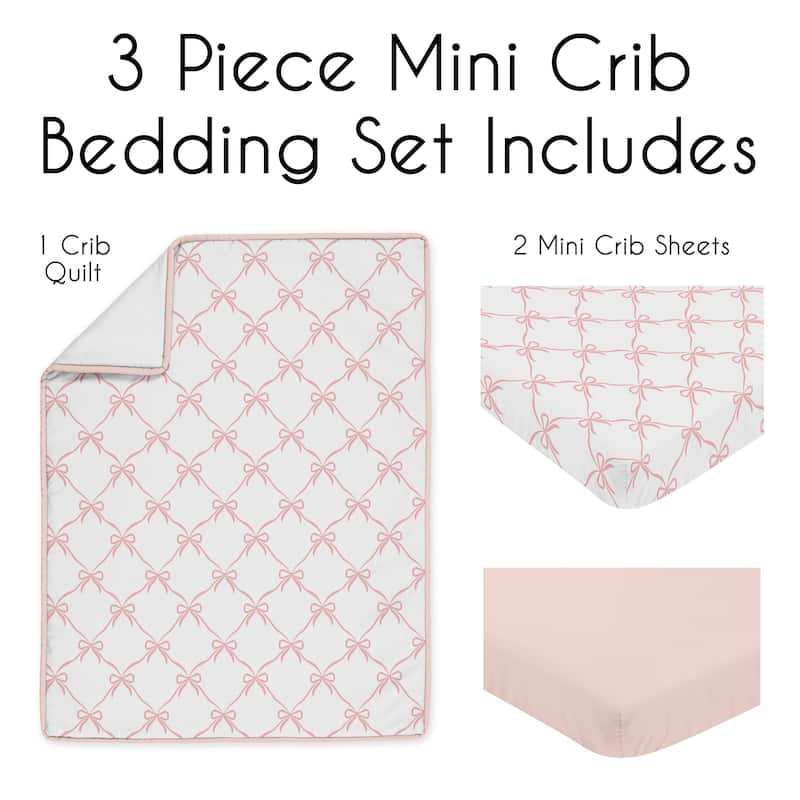 Sweet Jojo Designs Pink Bows Girl 3pc Mini Crib Bedding Set - Elegant Bow for the Ballerina Ballet Dancer Princess Collection