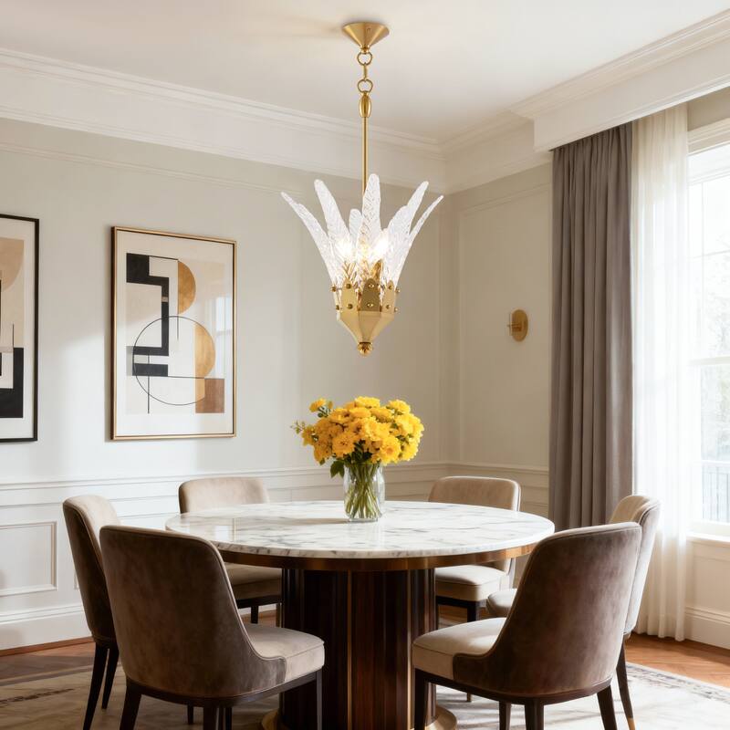 17" Modern Gold 3-Light Leaf Etched Glass Pendant Chandelier for Kitchen Island