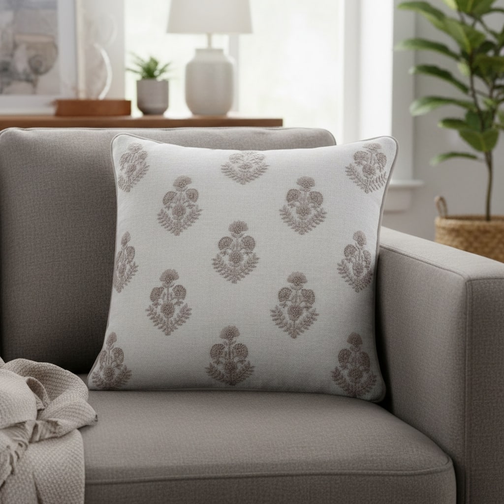 20" Off White And Taupe Floral Linen Throw Pillow Cover with Embroidery