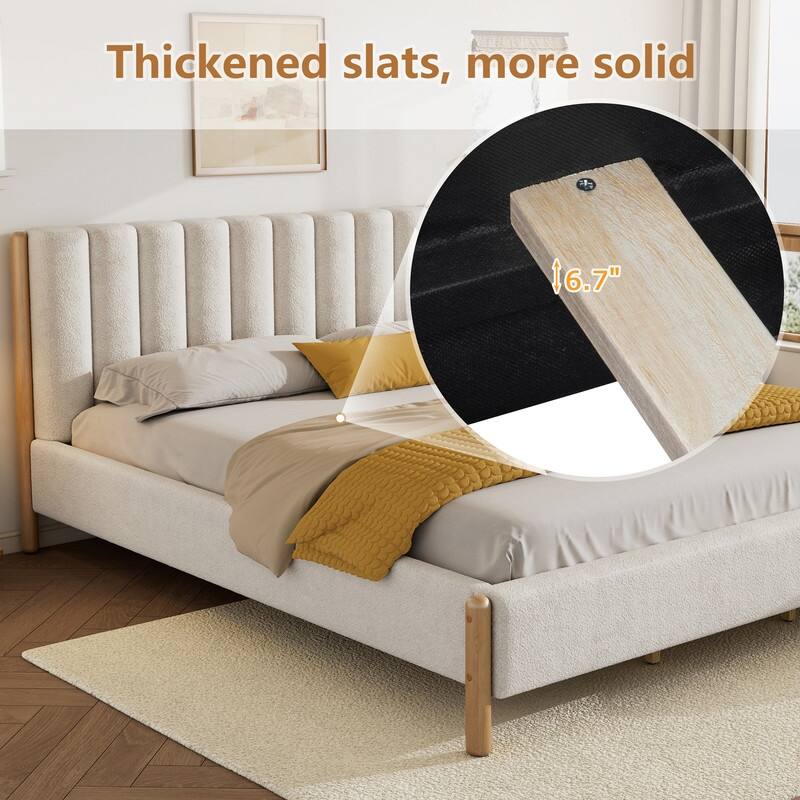 3-Pieces Bedroom Sets ,Bed Frame with Boucle Upholstered Thick Headboard, Solid Wooden Legs,Nightstands Set of 2 with Barn Door