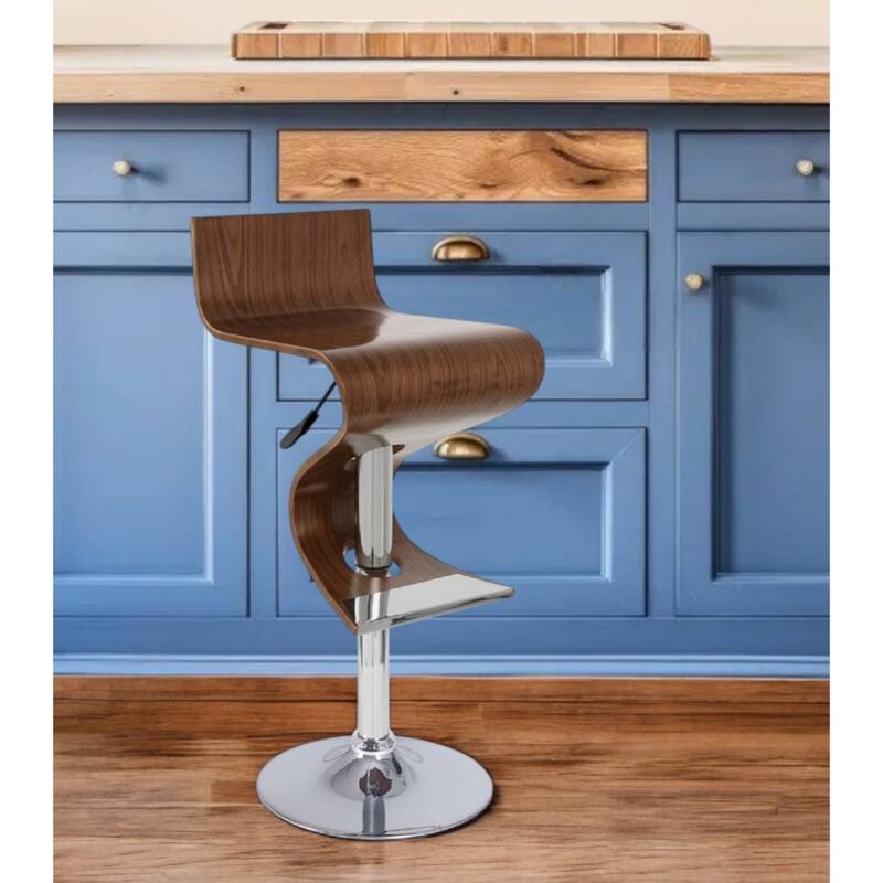 Modern Z Shape Bar Stool with 30" Adjustable Hydraulic Height Faux Leather Upholstery and Footrest - 28”H x 17”W x 15”D - Brown-Silver