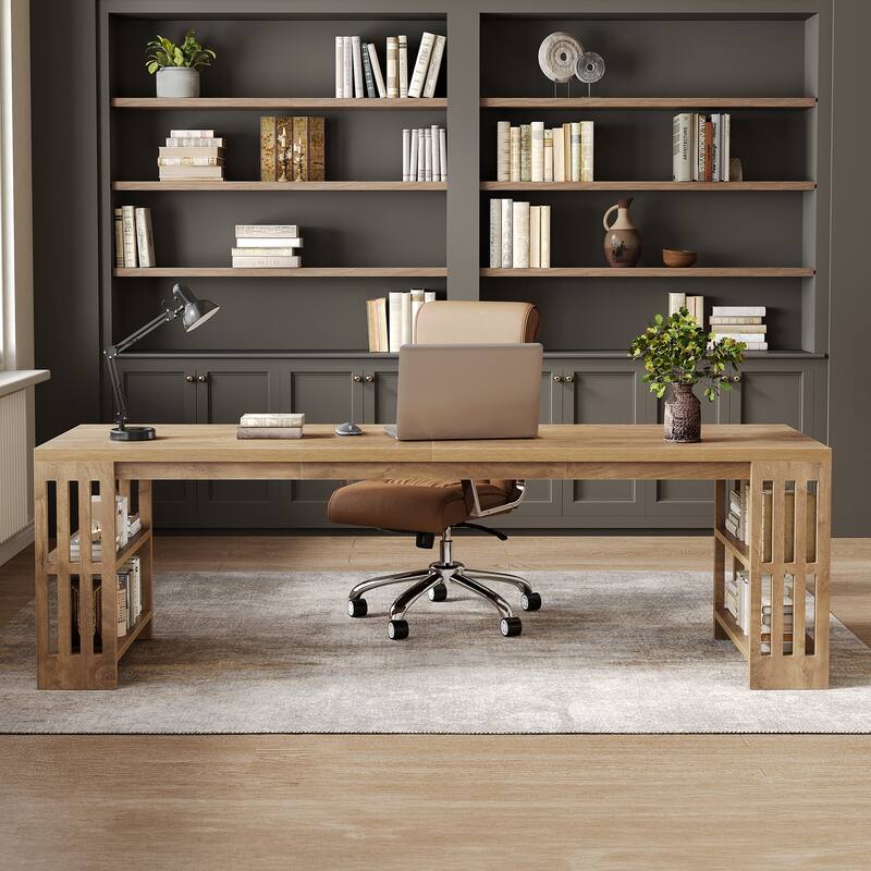 78.7" Two Person Desk with Bookshelf Double Office Desk