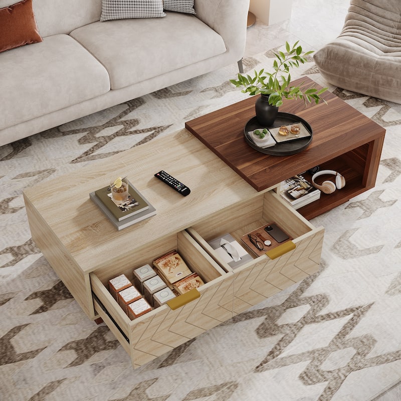 Wood Extendable 2-drawer Coffee Table with Sliding Tabletop