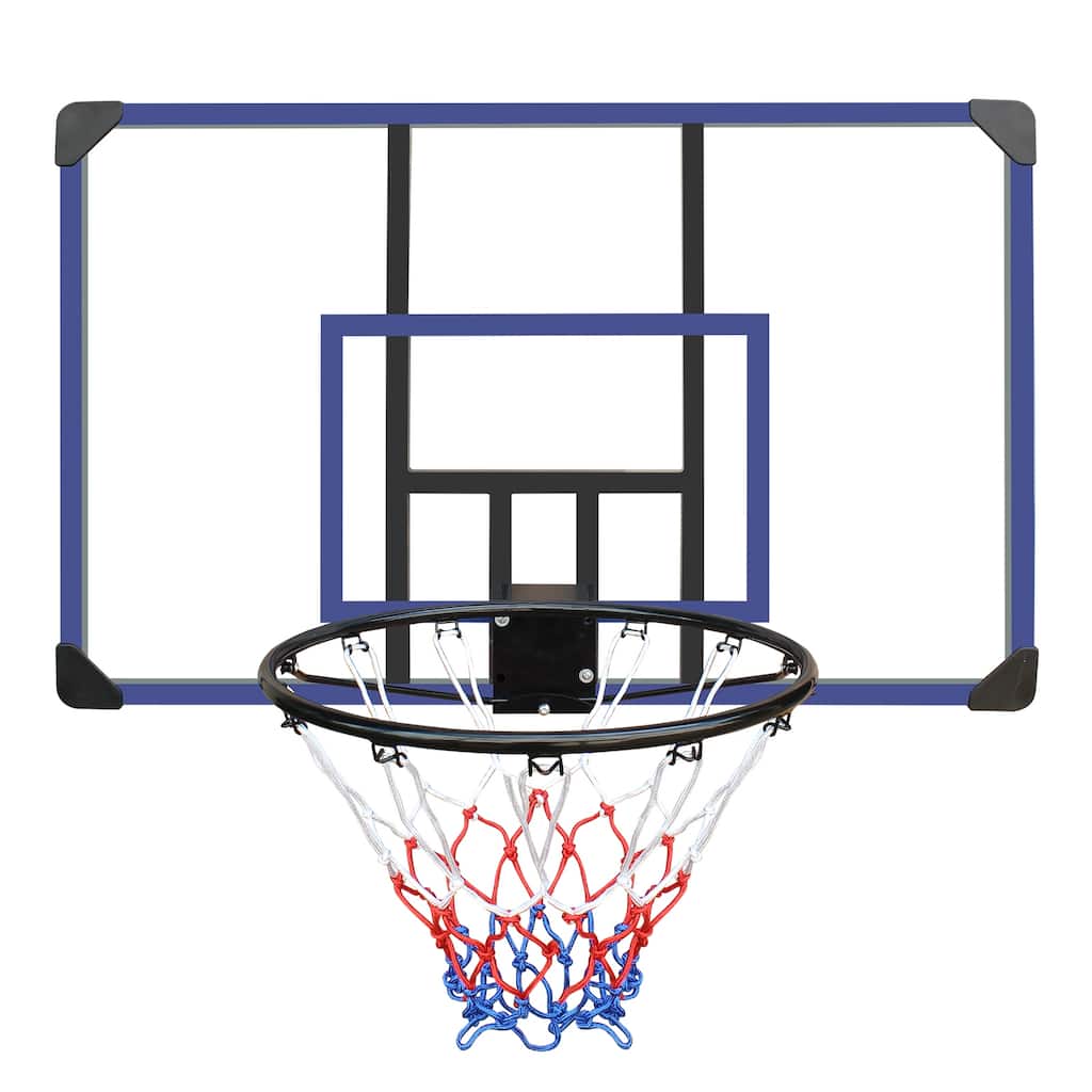 Roomfitters Wall-Mounted Basketball Hoop, 45x29 Inch Shatterproof Backboard, Folding Hoop with All-Weather Mesh, Black+Blue