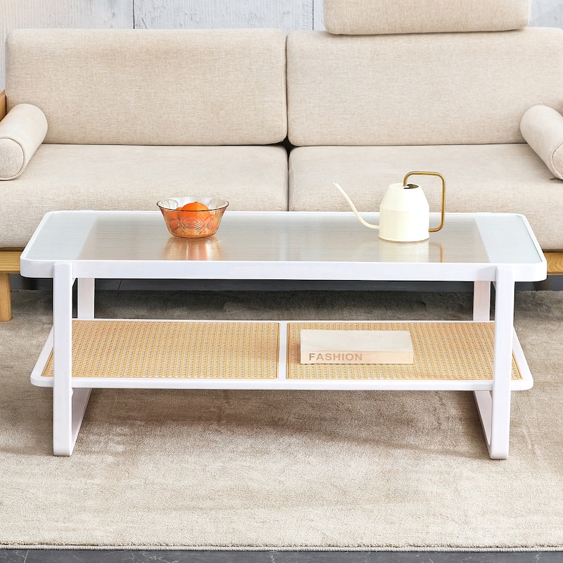 White Double-Layer Coffee Table, Glass Tabletop Imitation Rattan Side Table, Rectangular Solid Wood Table for Living Room