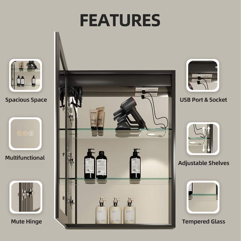 16 in. W x 24 in. H Rectangular Aluminum LED Dimmable Medicine Cabinet with Mirror - 16*24 Left hinge