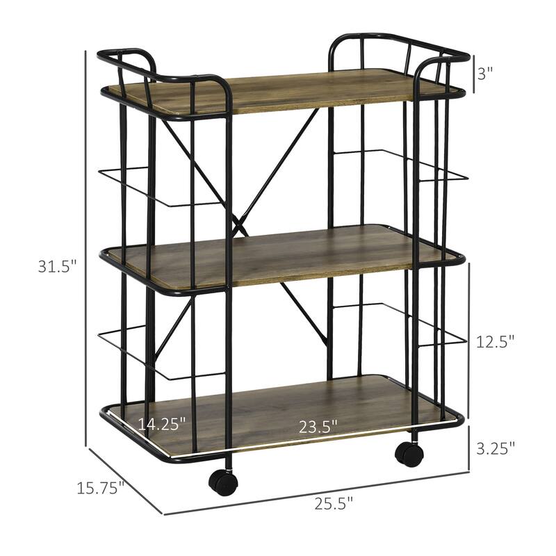 HOMCOM 25" Rolling Kitchen Cart, Kitchen Storage Trolley with 3 Shelves for Dining Room, Laundry Room, and Bathroom, Natural