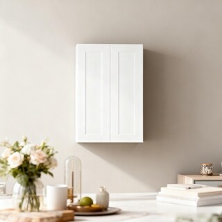 24 Inch White Shaker Double Door Wall Cabinet Solid Wood with 3 ...