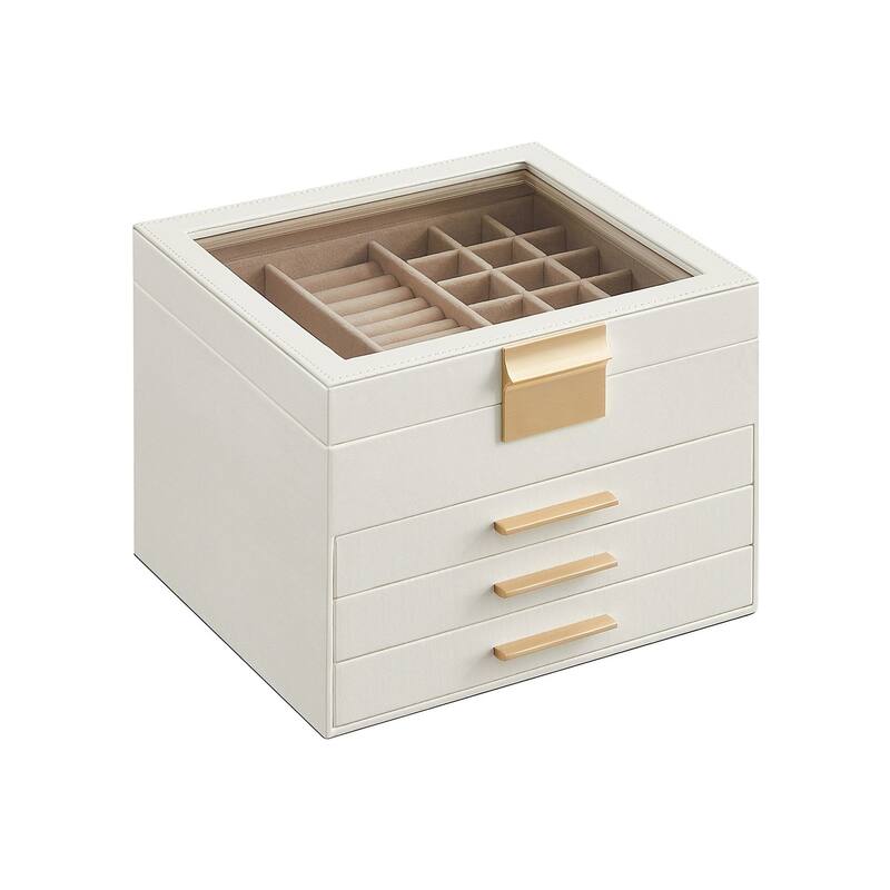 Modern Jewelry Organizer with Multiple Drawers Glass Top and Velvet Interior for Storage - 4- Layer - Cloud-White-Gold