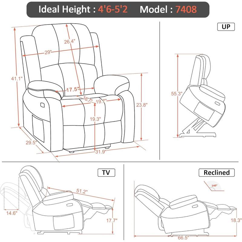 MCombo Small Sized Power Lift Recliner Chair with Massage and Heat, USB Ports, Faux Leather 7409