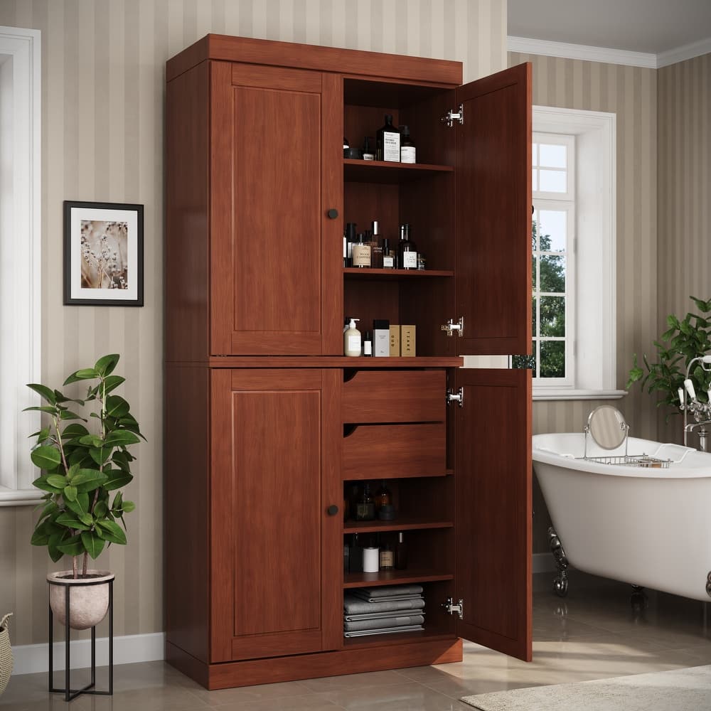 Palace Imports 100% Solid Wood Bathroom Storage Cabinet, Raised Panel Doors, 2 Drawers, Adjustable Shelves, 32" Wide, 71.5" Tall