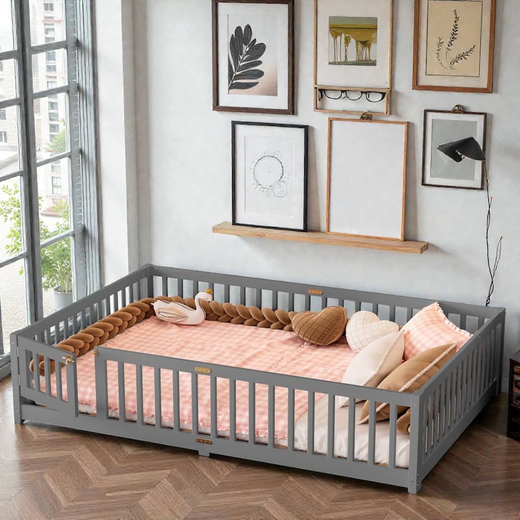 Queen Size Floor Bed for Kids with Safety Guardrails and Door, Wooden Montessori Bed Frame
