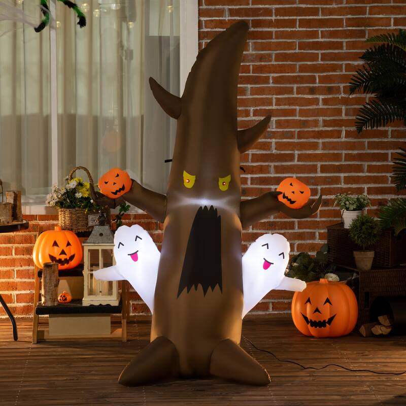 Outsunny 5' Blow-Up Haunted Halloween Tree, Pumpkins, & Ghosts Inflatable Halloween Decoration - Polyester - Brown