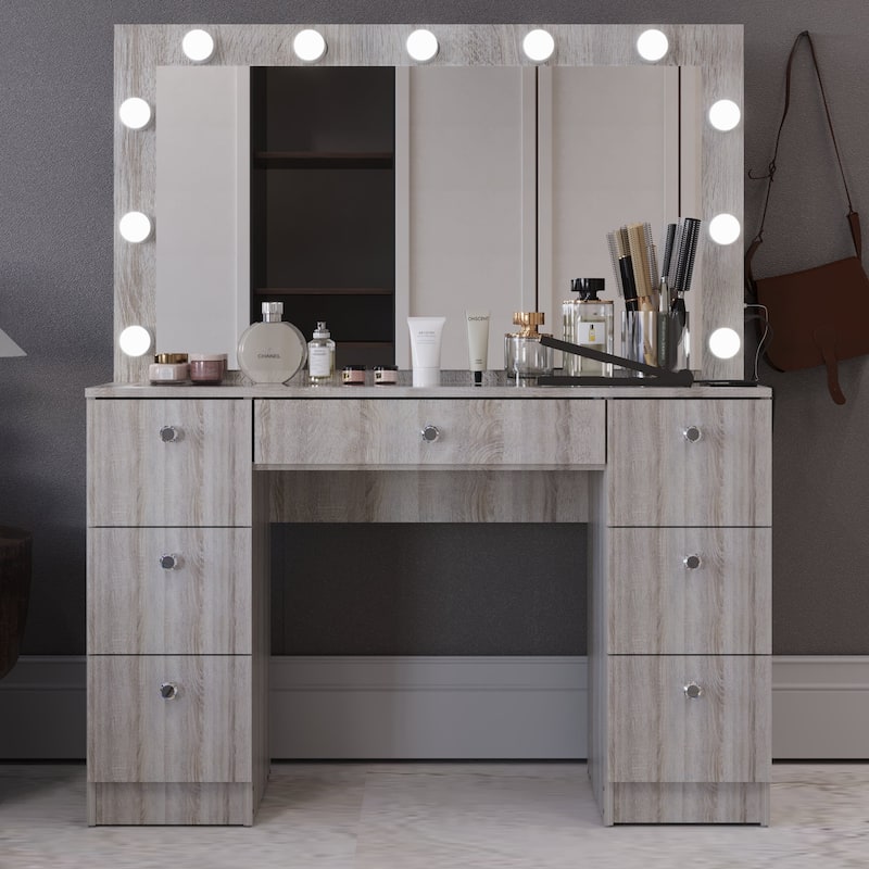 Boahaus Vanity Desk Glass Top with 7 Drawers & Lights Crystal knobs