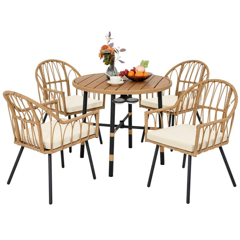 Moasis 5-piece Rattan Outdoor Patio Dining Set, Wicker Dining Chairs Table with Umbrella Hole