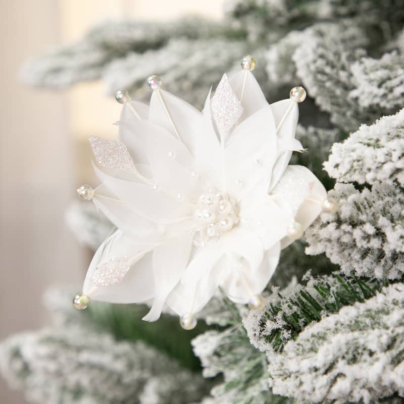 Beaded Feather Poinsettia Artificial Christmas Pick - 13.75" - White