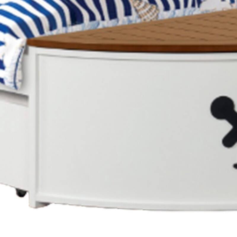 Evon Twin Captain Bed w Trundle, White, Oak Brown, Nautical Coastal Theme