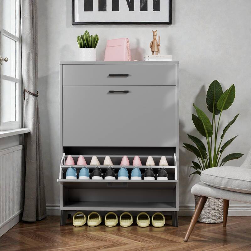 Shoe Storage Cabinet with 2 Flip Drawers, Freestanding Hidden Shoe Organizer with Metal Legs for Entryway
