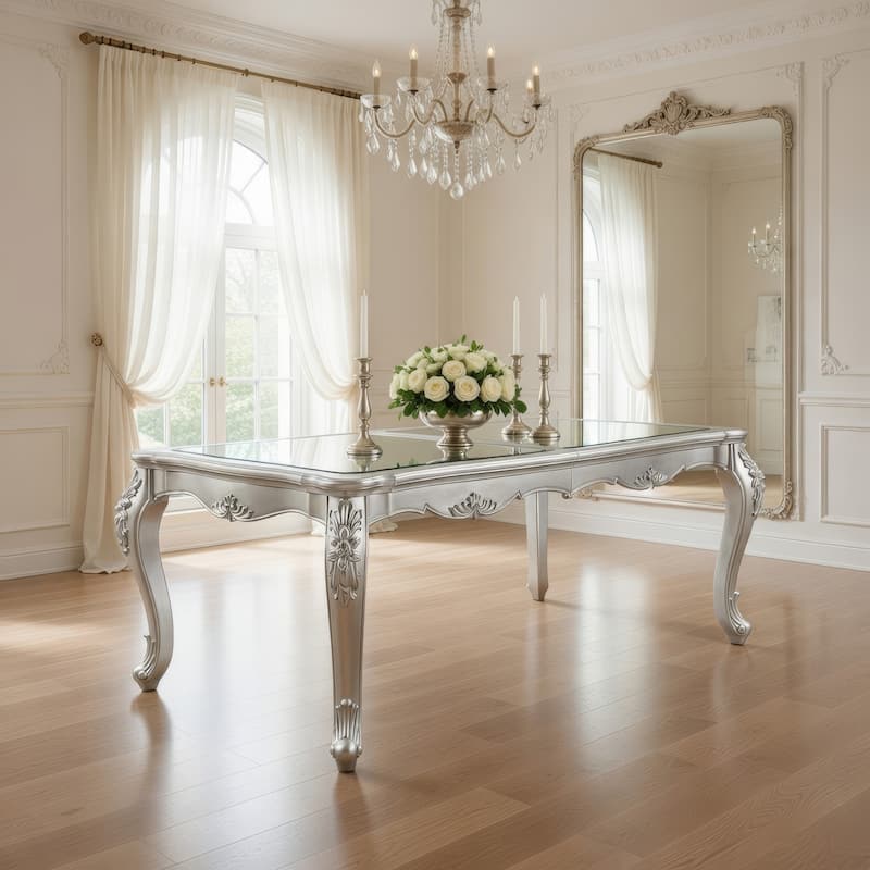 Bowe Dining Table, 80-96 Inch, Mirrored, Classic Champagne Silver Wood