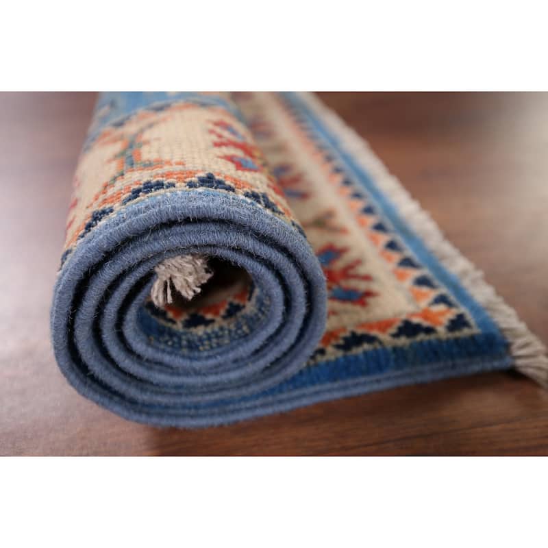 Blue Kazak Oriental Accent Rug Hand-Knotted Wool Carpet - 2'0" x 3'1"