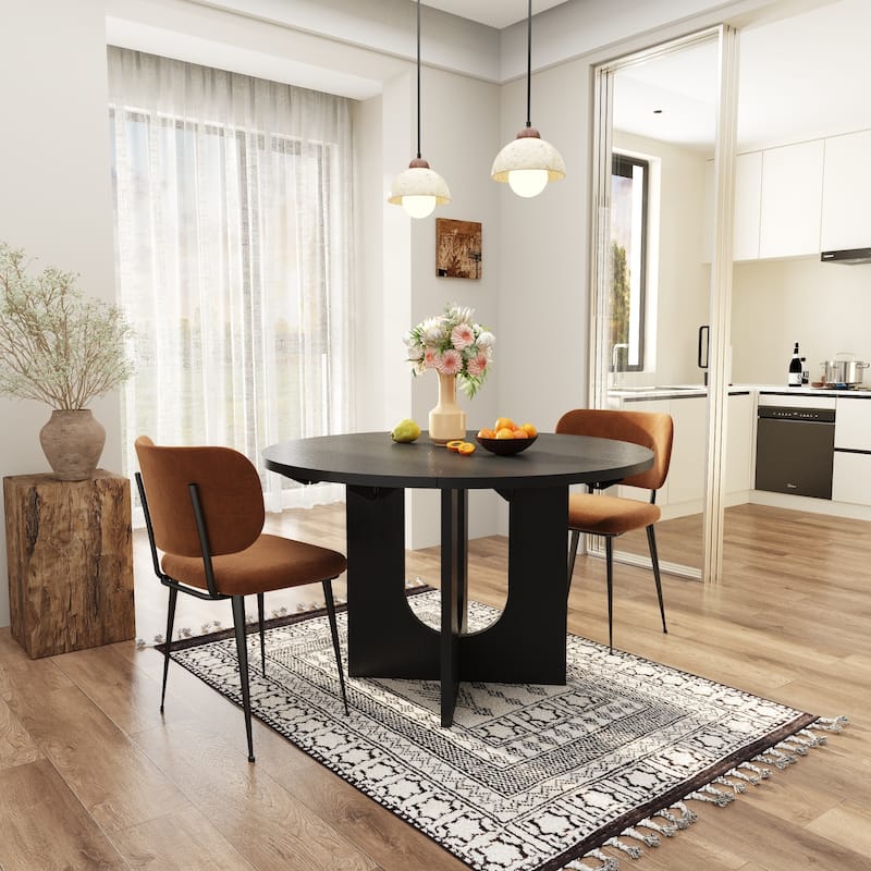 Folding Wood Grain Dining Table with Expandable Round Top Modern Sculptural Base