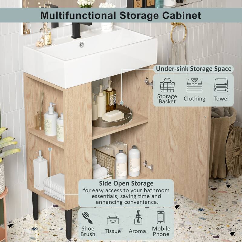 21.6" Bathroom Vanity with Sink, Left Side Storage Pocket, Ceramic Basin, Gold Legs, Modern Freestanding Cabinet