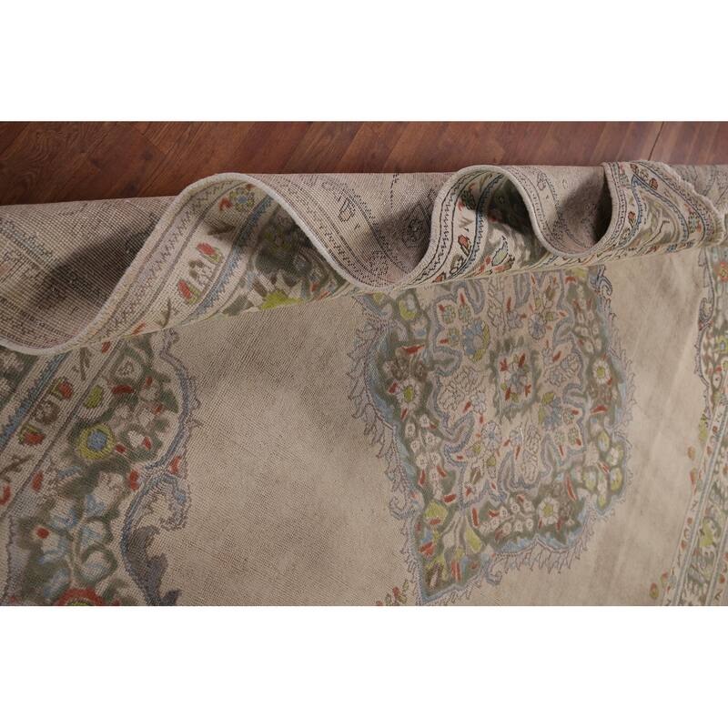 Beige Tabriz Persian Vintage Area Rug Hand-Knotted Wool Carpet - 8'8" x 10'8"