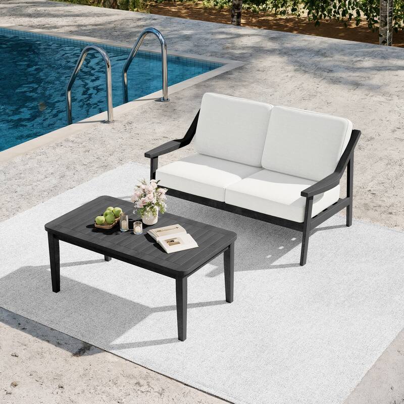 2-piece Brown/ Black Teak Cushioned Patio Loveseat Set with Coffee Table