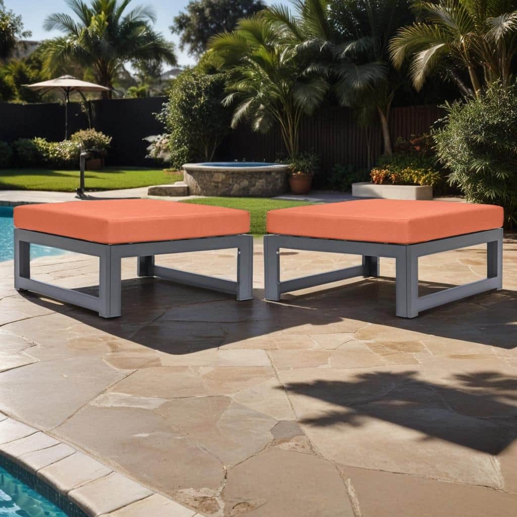 Chelsea (Set of 2) Modern Aluminum Outdoor Ottoman with Slatted Seat, UV-Resistant Washable Cushion & Weather Resistant