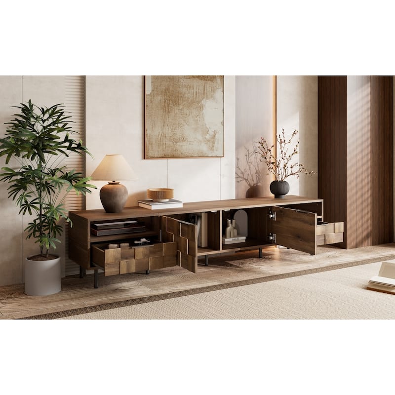 Mid-Century Modern TV Stand Media Console, Entertainment Center with 2 Drawers, Storage Cabinets, Open Shelves for TVs up to 85"