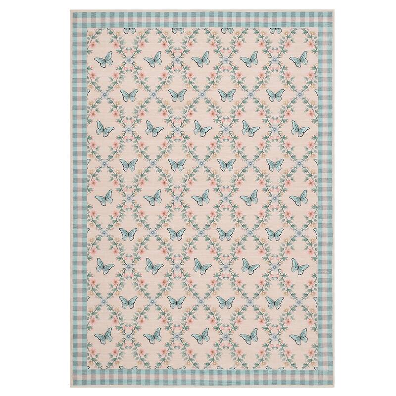 Butterfly Pattern Rugs for Living Room, Modern Floral Area Rug, Washable Border Plaid Non Slip Floor Carpet