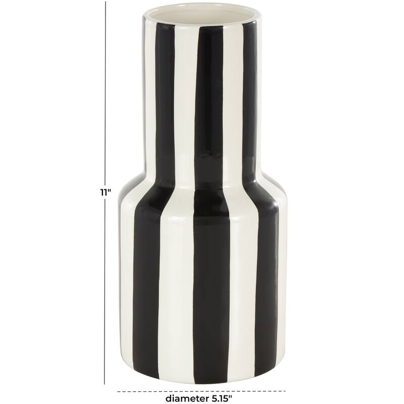 White Ceramic Round Decorative Vase with Blue or Black Vertical Stripes