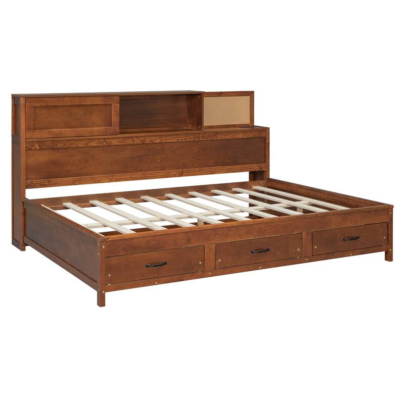 Twin/Full Size Wooden Daybed with Charging Station, Storage Bed Frame with 3 Drawers and Shelf with Door