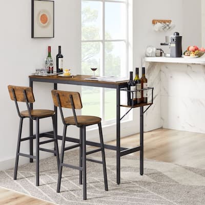 Rustic Brown Bar Table Set with wine bottle storage rack set of 3