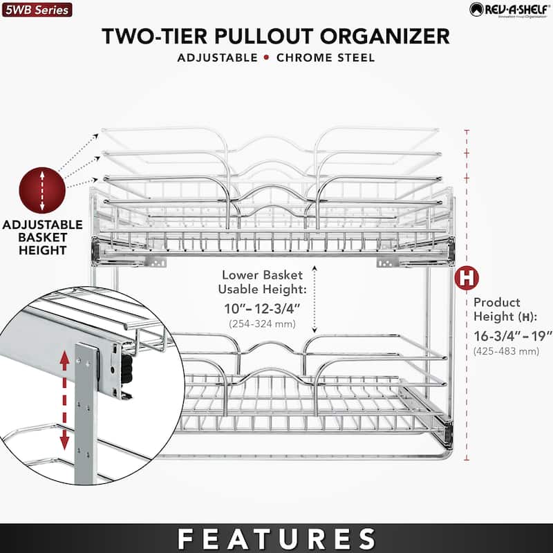 Rev-A-Shelf Pullout 2-Tier Basket Organizer for Kitchen Cabinets, 9 x 22 In, 5WB2-0922CR-1