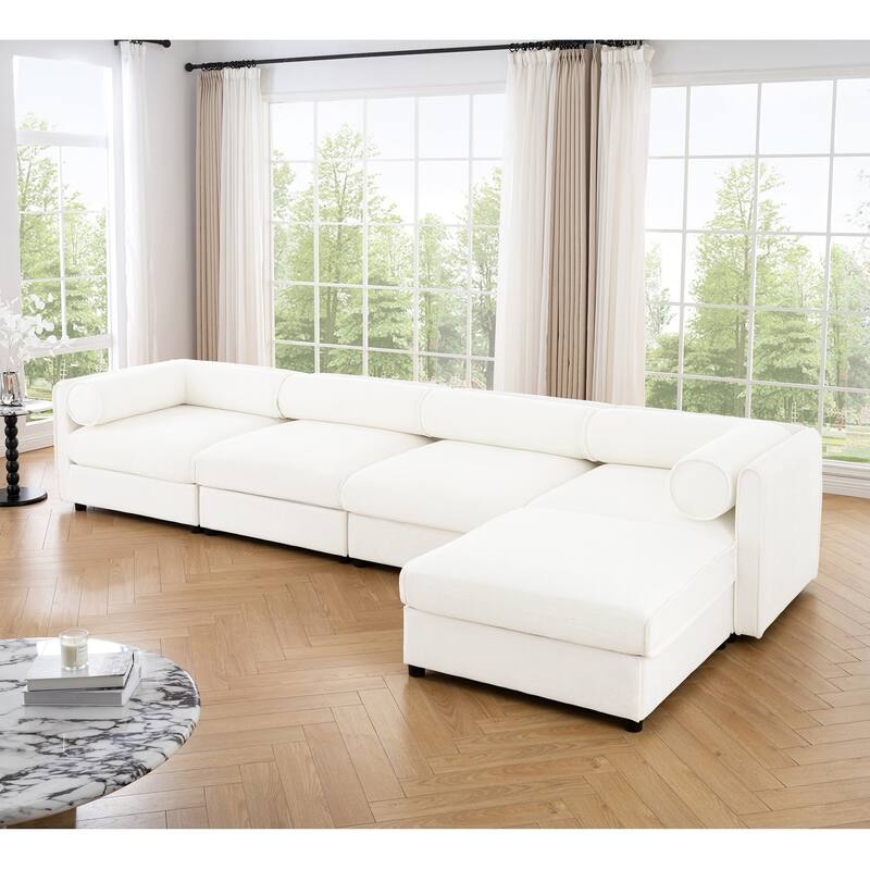Modern Chenille 6-Seater Sofa with Ottoman Storage, Hidden Storage, Cylindrical Cushioned Arms and Backrest