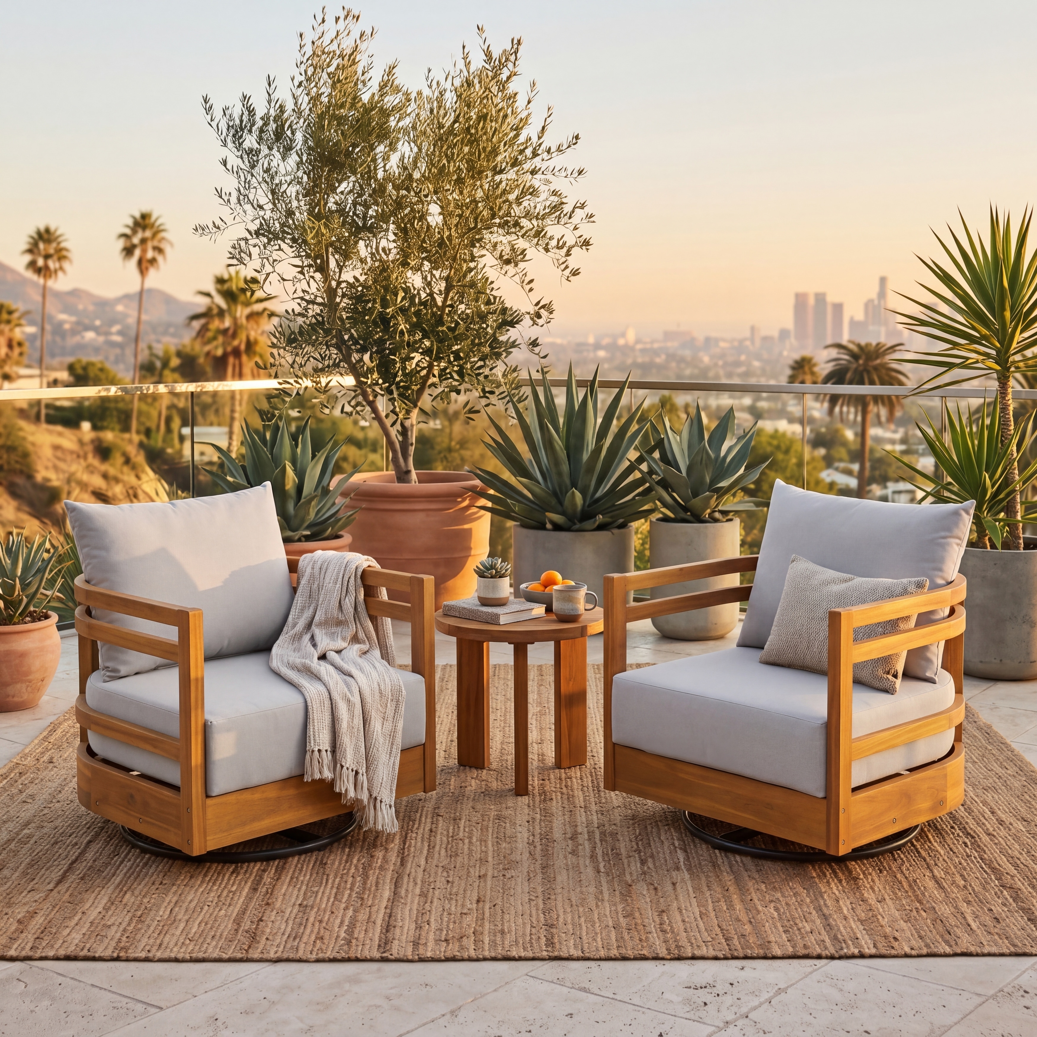 Christopher Knight Home - Elle Set of 2 Outdoor Swivel Patio Chair, Acacia Wood 360° Base, Removable Water-Resistant Cushions