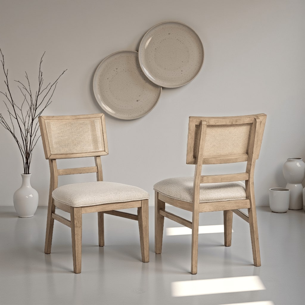 Lno Dining Side Chair Set of 2, Radio Cane Woven Back, Beige Wood