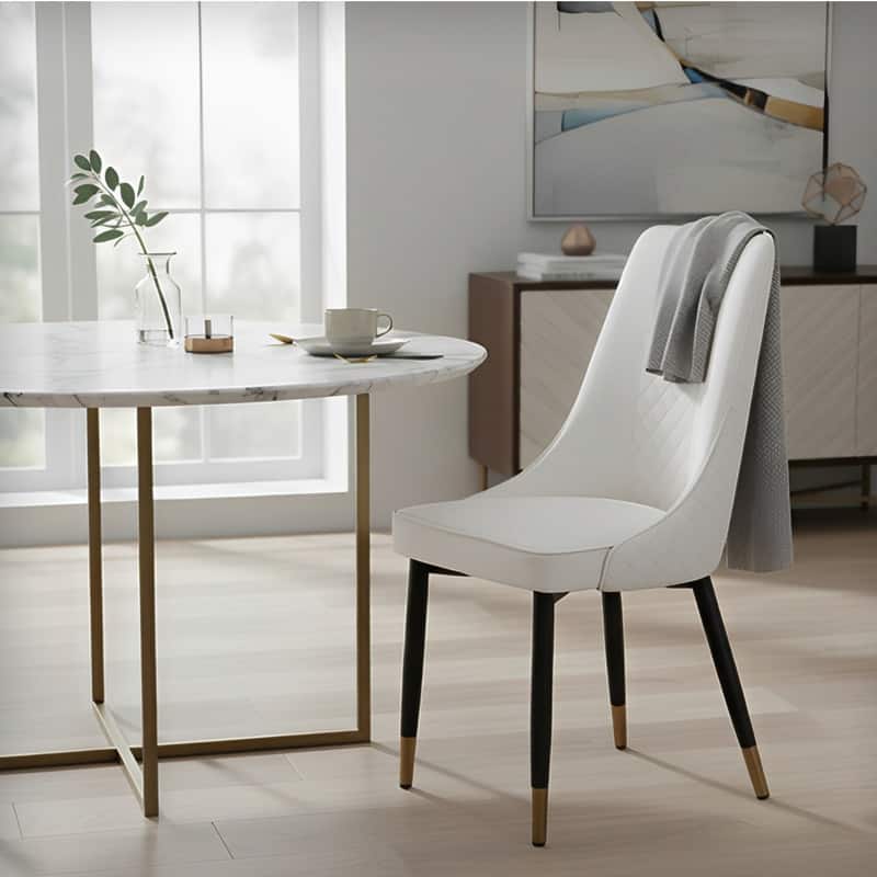 Allure Modern High-back Fabric or Leather Upholstered Dining Chairs with Gold Accents and Black Solid Oak Wood Legs
