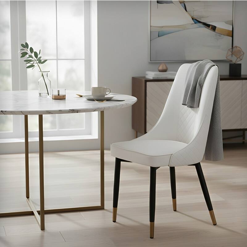 Allure Modern High-back Fabric or Leather Upholstered Dining Chairs with Gold Accents and Black Solid Oak Wood Legs