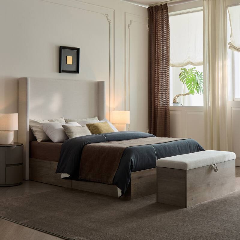 Shelton Upholstered Wingback Bed / 54" High Headboard / Wood Base / Rustic / Modern Farmhouse / Neutral / Scandinavian, Queen