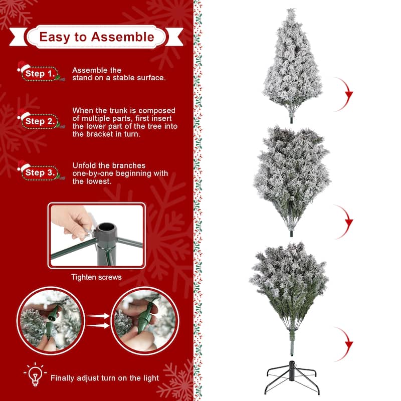 Glitzhome 6FT/7.5FT/9FT/11FT Snow Flocked Pre-lit Artificial Fir Christmas Trees