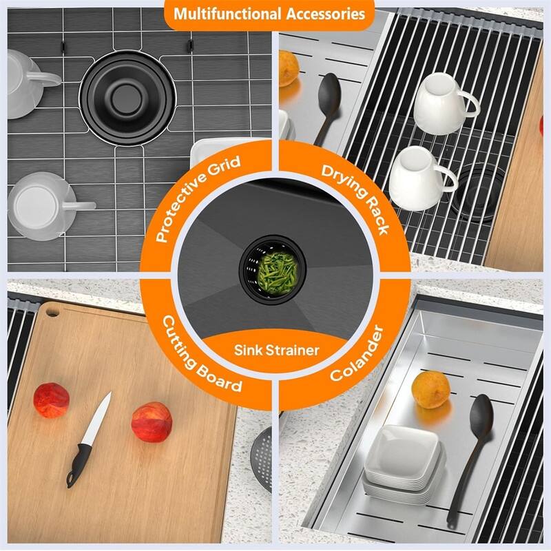 Stainless Steel Undermount Integrated Ledge Multifunctional Workstation Sink Set In Black