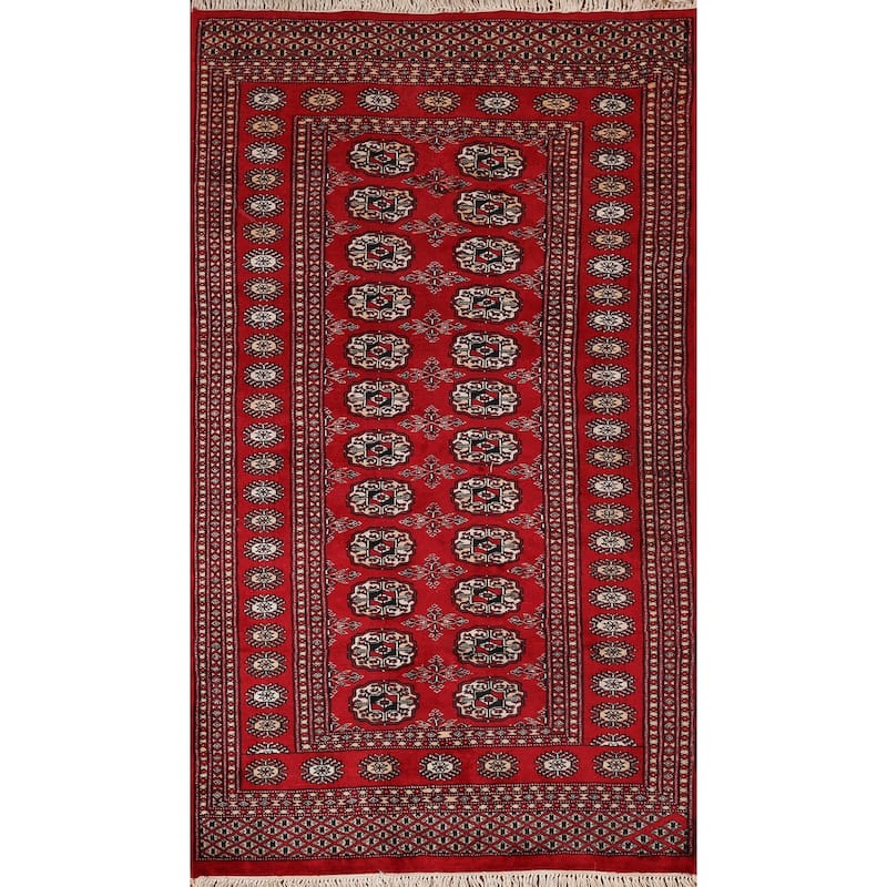 Red Geometric Bokhara Vintage Accent Rug Hand-Knotted Wool Carpet - 3'2" x 5'1"