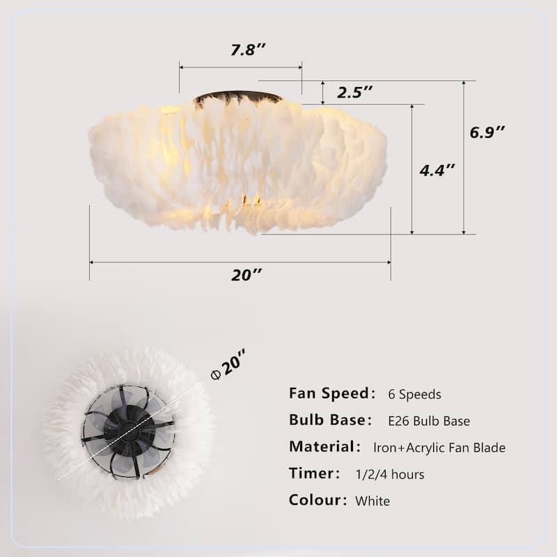 Cusp Barn 20'' Flush Mount Caged Ceiling Fans with Light and Remote, Feather 6 Speed DC Motor Reversible Ceiling Fan for Bedroom