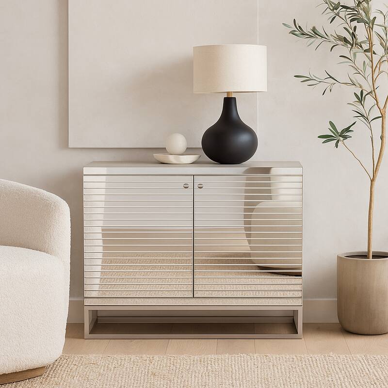 Glass 2 Door Cabinet with Linear Striped Panels and Gray Iron Base - Silver - Roche River Decor - 18"W x 47"L x 38"H
