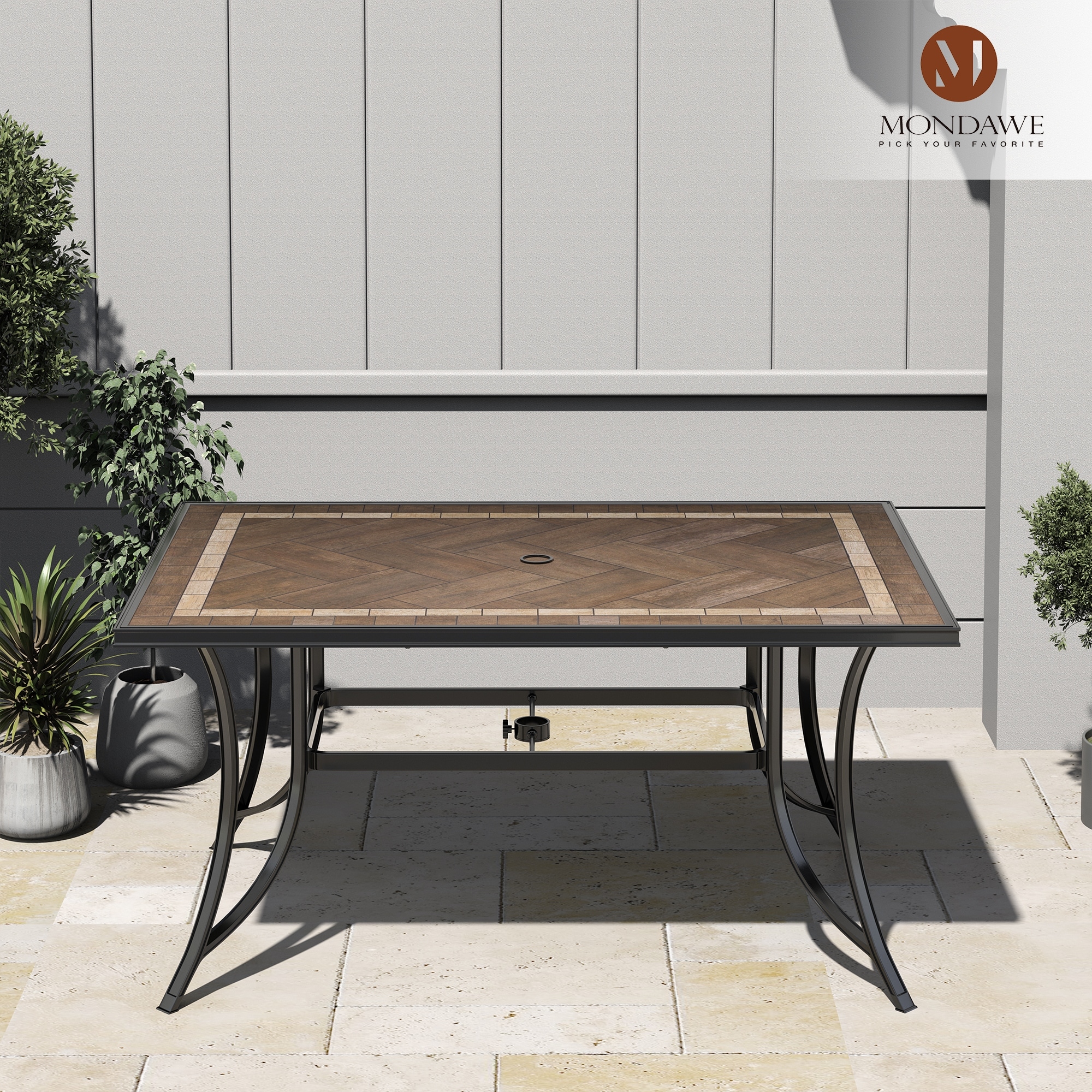 Rust Free Aluminum Ceramic Tile Top Outdoor Patio Rectangular Dining Table with Umbrella Hole