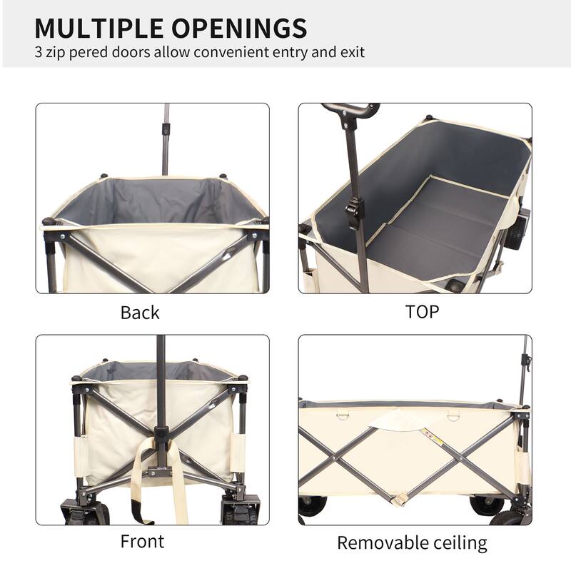 Folding Wagon, Heavy Duty Utility Beach Wagon Cart for Sand with Big Wheels, Adjustable Handle&Drink Holders